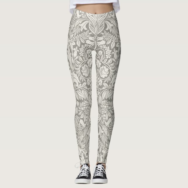 Elegante White Damask Floral Wohngestaltung Leggings (Vorderseite)