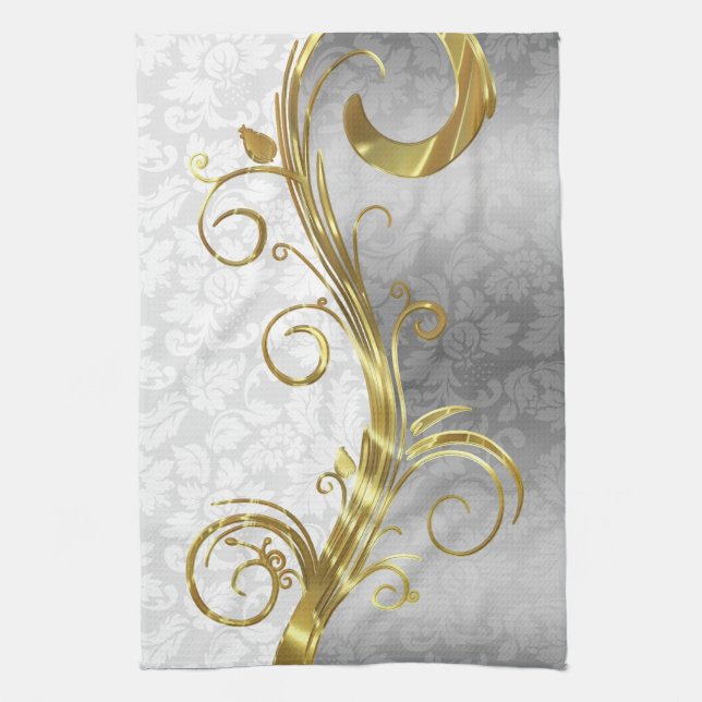 Elegante White Damasks Gold & Silver Wirbel Geschirrtuch (Vertikal)