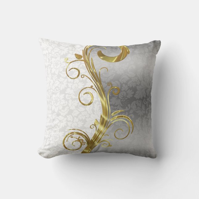 Elegante White Damasks Gold & Silver Wirbel Kissen (Vorderseite)