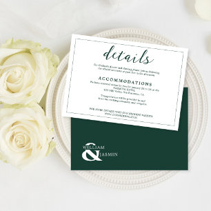 Elegante White Emerald Green Border Script Wedding Begleitkarte