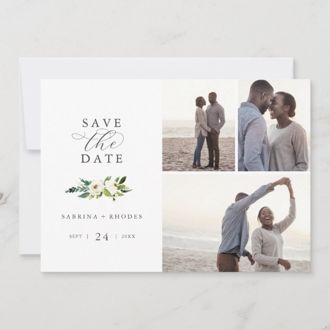 Elegante White Floral 3 FotoCollage Save the Date (Vorderseite)