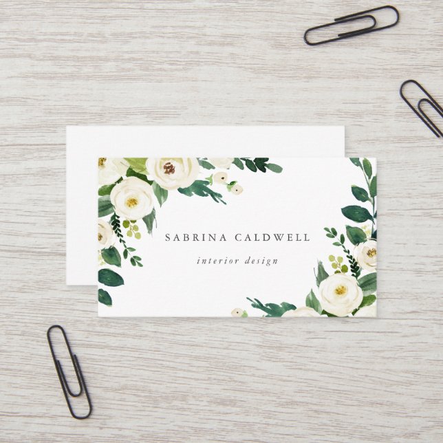 Elegante White Floral Business Card Visitenkarte (Vorderseite/Rückseite Beispiel)