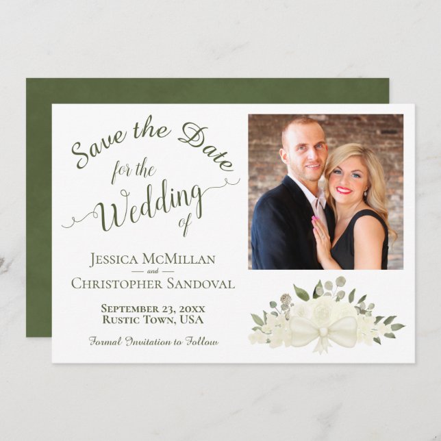 Elegante White Floral Calligraphy & Foto Wedding Save The Date (Vorne/Hinten)