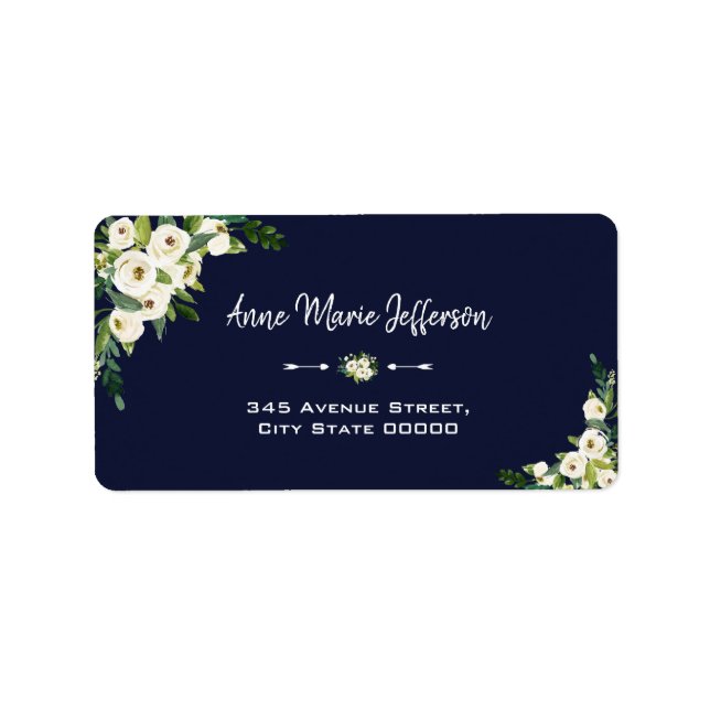 Elegante White Floral Dark Blue Wedding Adressaufkleber (Vorne)