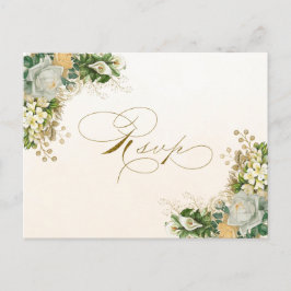 Elegante White Floral Gold Hochzeit RSVP Einladung Postkarte