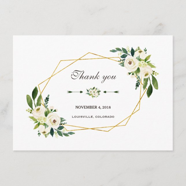 Elegante White Floral Gold Rahmen Hochzeit Vielen  Dankeskarte (Vorderseite)