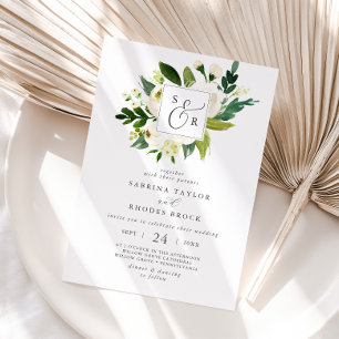 Elegante White Floral Monogram Wedding Einladung