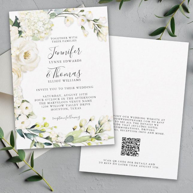 Elegante White Floral Wedding mit QR-Code Einladung (Available in printed or paperless digital download!)