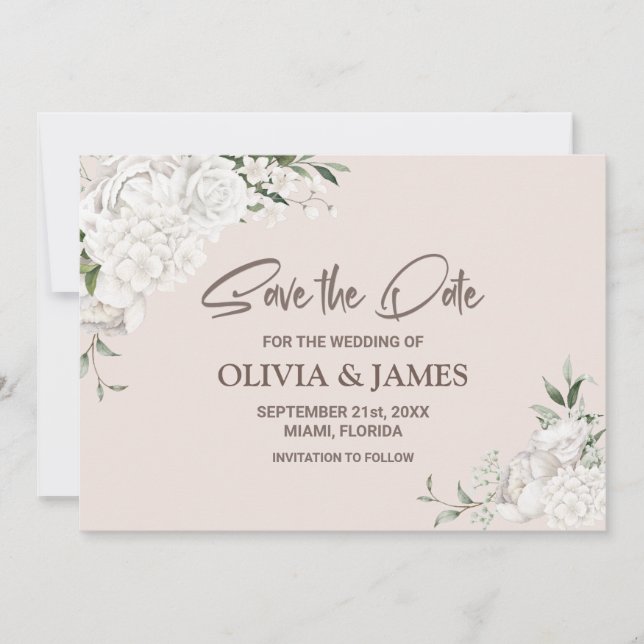 Elegante White Floral Wedding Save The Date (Vorderseite)