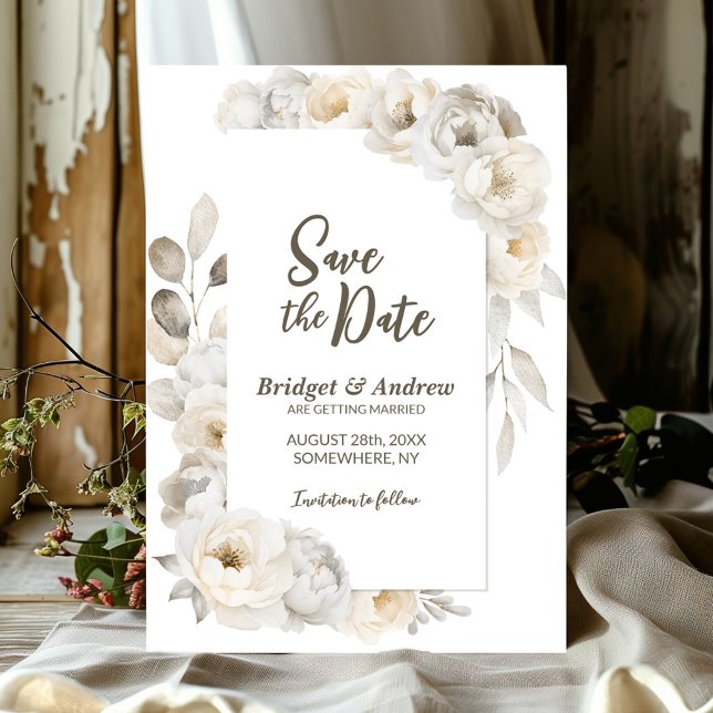 Elegante White Floral Wedding Save The Date (Von Creator hochgeladen)