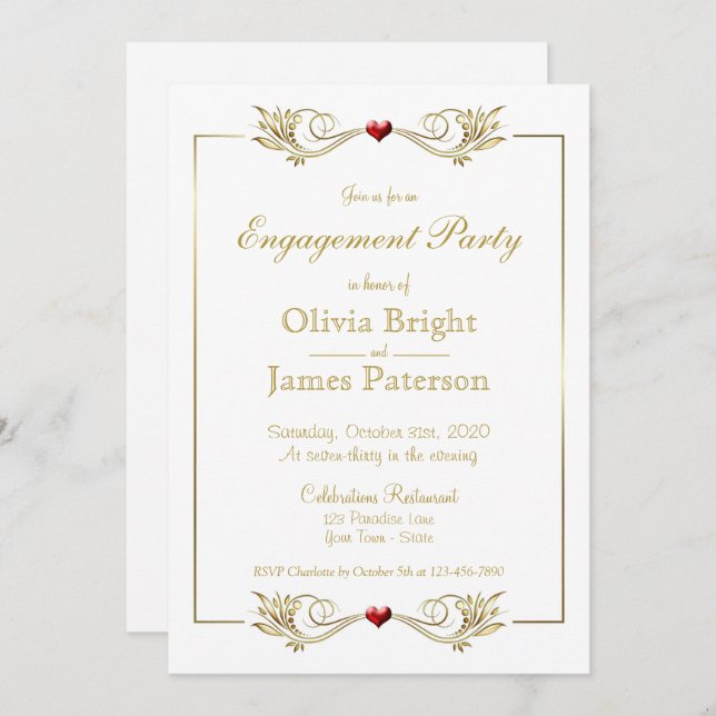 Elegante White-Frame Heart Engagement Party Einladung (Vorne/Hinten)