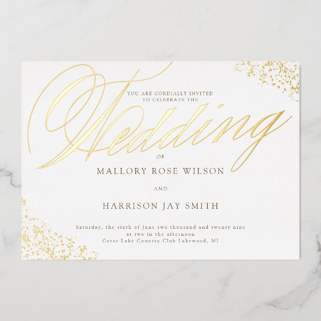 Elegante White Gold Calligraphy Wedding Einladung (Vorderseite)