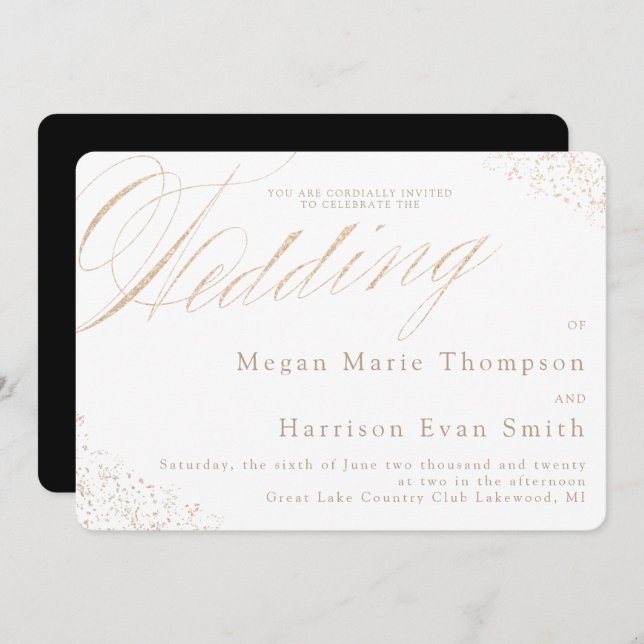 Elegante White Gold Calligraphy Wedding Einladung (Vorne/Hinten)