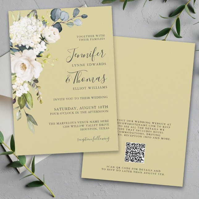 Elegante White Gold Floral Wedding mit QR Code Einladung (Von Creator hochgeladen)