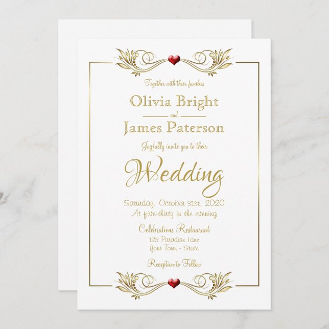 Elegante White Gold Frame Red Heart Wedding Einladung (Vorne/Hinten)