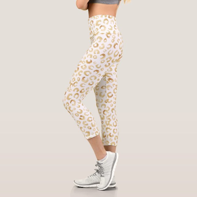 Elegante White Gold Glitzer Leopard Animal Print Capri Leggings (Links)