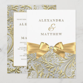 Elegante White & Gold Leaf Bow Wedding Einladung