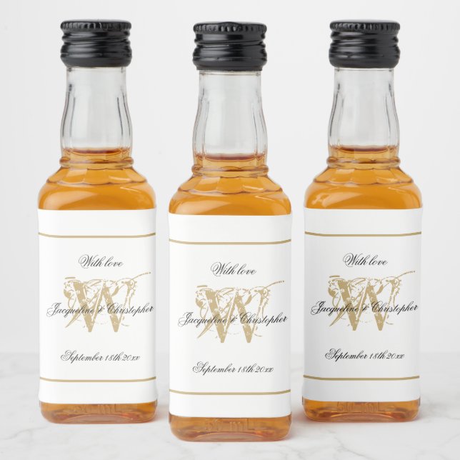 Elegante White & Gold Monogram Classic Wedding Min Alkoholflaschenetikett (Flaschen)