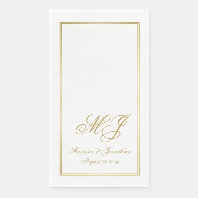 Elegante White Gold Monogram Script Hochzeit Serviette (Vorderseite)