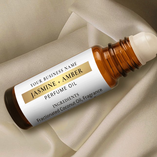 Elegante White & Gold Parfüm Roller Flaschen Etike Aufkleber (Elegant white and gold perfume oil roller bottle wraparound label with faux gold effects)