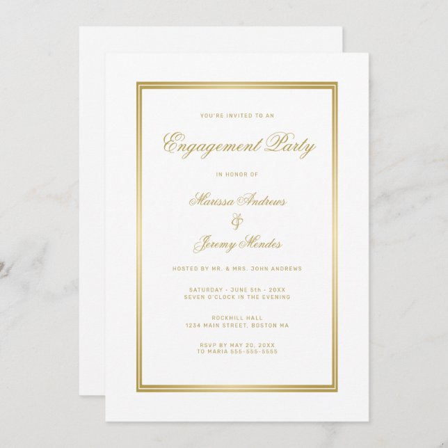 Elegante White Gold Script Engagement Party Einladung (Vorne/Hinten)
