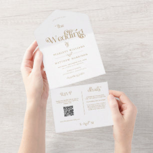 Elegante White Gold Typografy Wedding All In One Einladung