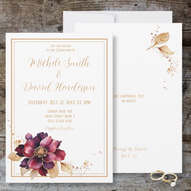 Elegante White Golden Burgundy Hochzeit im Wasser Einladung (Elegant White Golden Burgundy Watercolor Wedding Invitation)