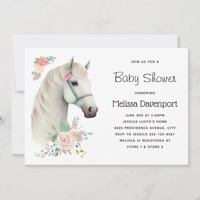 Elegante White Horse Boho Floral Baby Shower Einladung (Vorderseite)