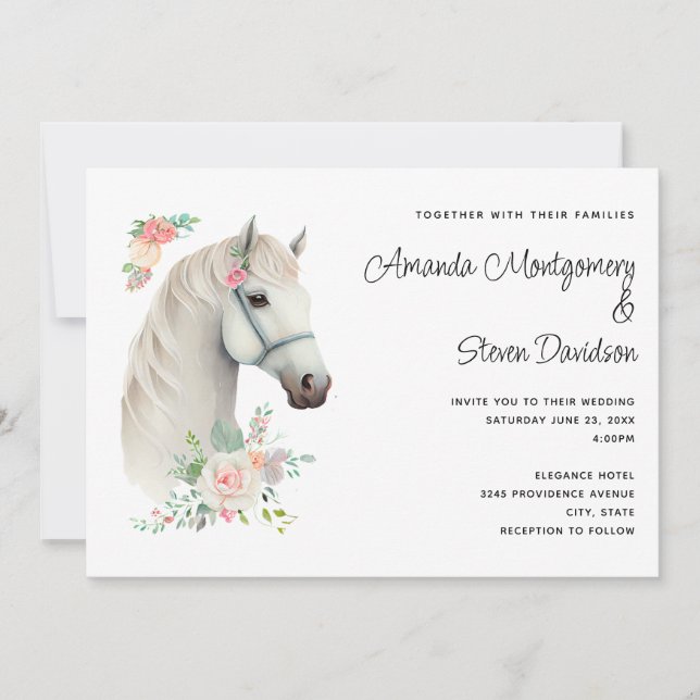 Elegante White Horse Boho Floral Wedding Einladung (Vorderseite)