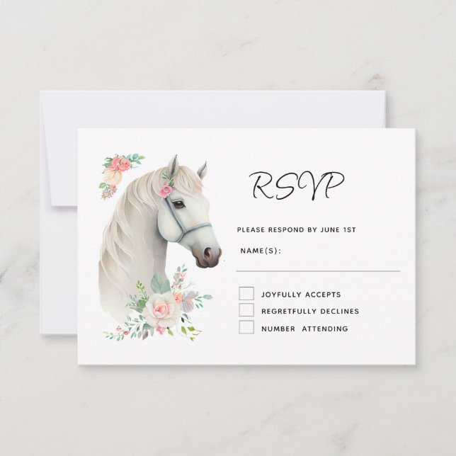 Elegante White Horse Boho Floral Wedding RSVP Karte (Vorderseite)