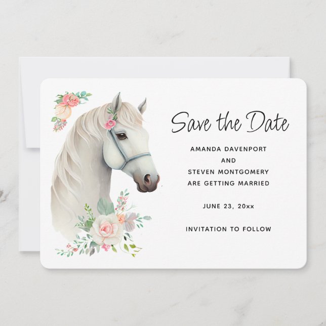 Elegante White Horse Boho Floral Wedding Save The Date (Vorderseite)