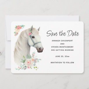 Elegante White Horse Boho Floral Wedding Save The Date