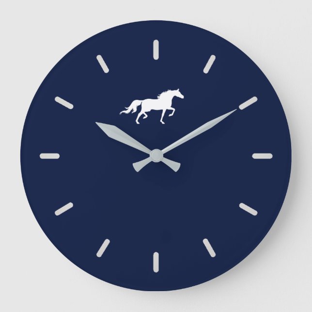 Elegante White Horse Silhouette auf Navy Blue Große Wanduhr (Vorderseite)
