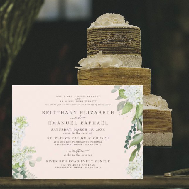 Elegante White Hydrangea Blush Beide Eltern Hochze Einladung (Von Creator hochgeladen)