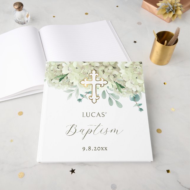 Elegante White Hydrangea Taufe Gästebuch (Vorderseite offen)