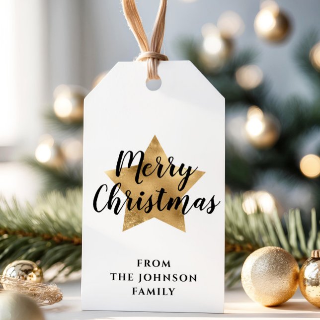 Elegante White Imitats Gold Star Frohe Weihnachten Geschenkanhänger (Elegant Festive Faux Gold Star Merry Christmas Gift Tags)
