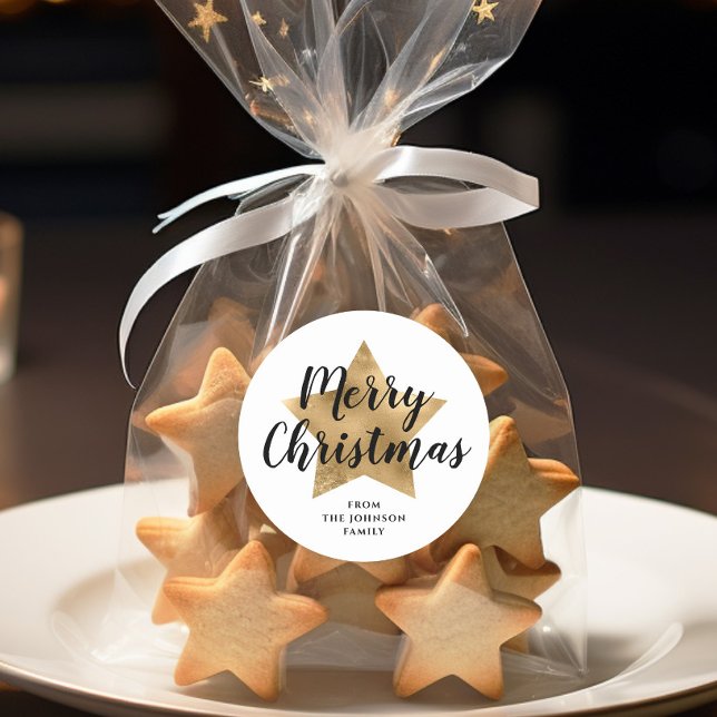 Elegante White Imitats Gold Star Frohe Weihnachten Runder Aufkleber (Elegant White Faux Gold Star Merry Christmas Classic Round Sticker)