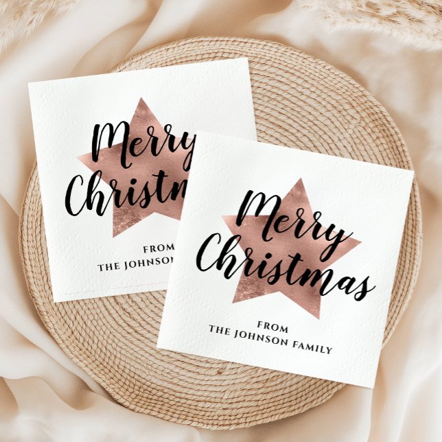 Elegante White Imitats Rose Gold Star Frohe Weihna Serviette (Elegant White Faux Rose Gold Star Merry Christmas Napkins)