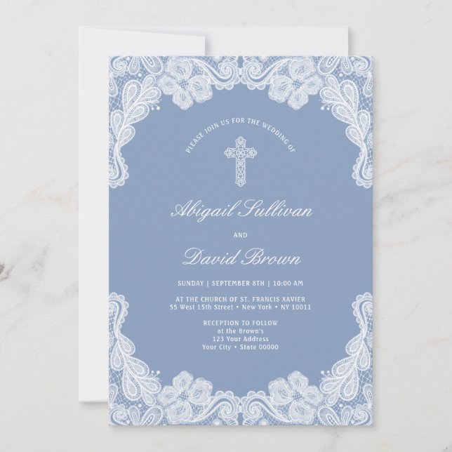 Elegante White Lace auf Blue Wedding Einladung (Vorderseite)
