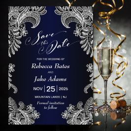 Elegante White Lace Blue Wedding Save The Date