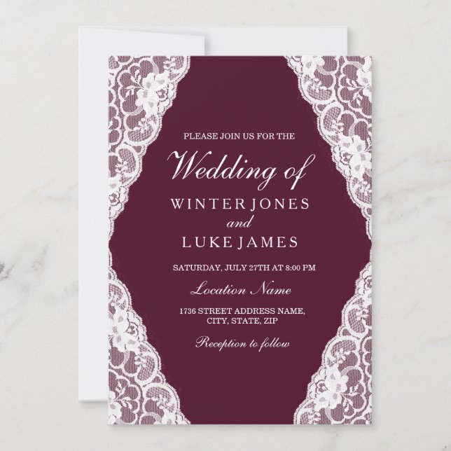 Elegante White Lace Burgundy Wedding Einladung (Vorderseite)