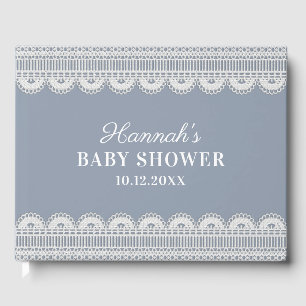 Elegante White Lace Dusty Blue Baby Dusche Gästebuch