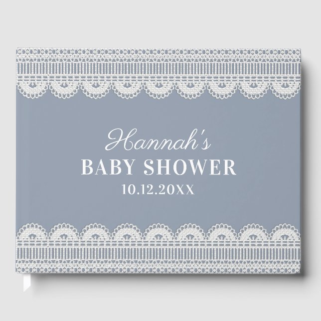Elegante White Lace Dusty Blue Baby Dusche Gästebuch (Vorderseite)