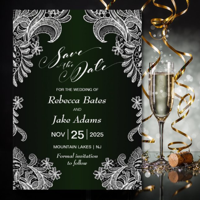 Elegante White Lace Green Wedding Save The Date (Von Creator hochgeladen)