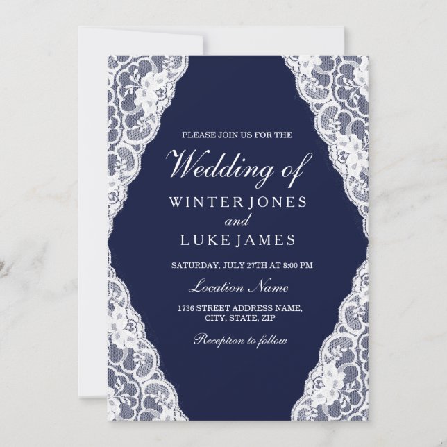 Elegante White Lace Navy Blue Wedding Einladung (Vorderseite)