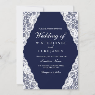 Elegante White Lace Navy Blue Wedding Einladung