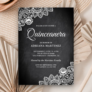 Elegante White Lace Rustic Chalkboard Quinceanera Einladung