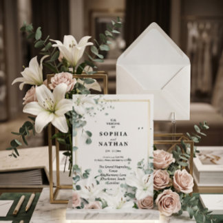 Elegante White Lily & Eukalyptus Floral Wedding Einladung