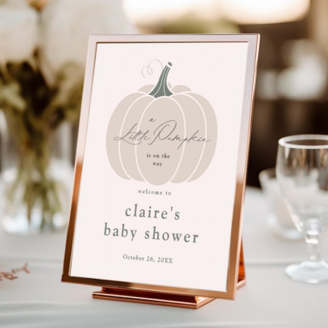 Elegante White Little Pumpkin Fall Baby Dusche Poster (Elegant white little pumpkin baby shower welcome sign.)