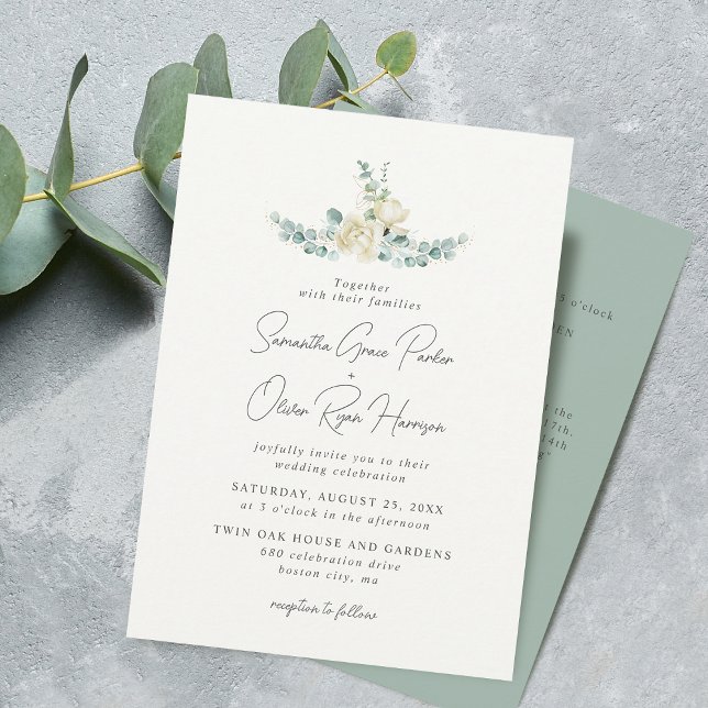 Elegante White Magnolia Eucalyptus Wedding Detail Einladung (Elegant White Magnolia Eucalyptus Wedding Detail Invitation)